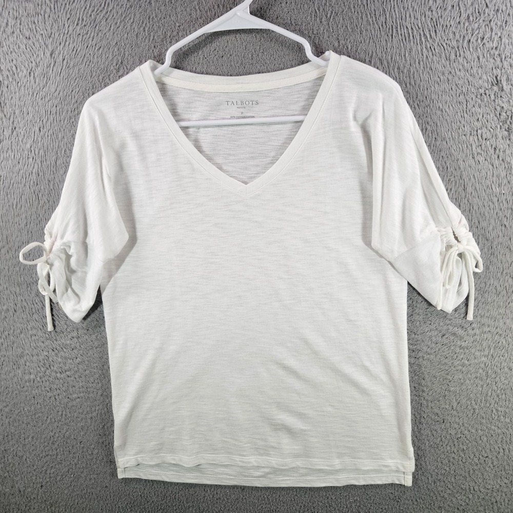 Talbots Petite White Cotton Modal V-Neck Tie Sleeve Tee‎ Shirt Size P